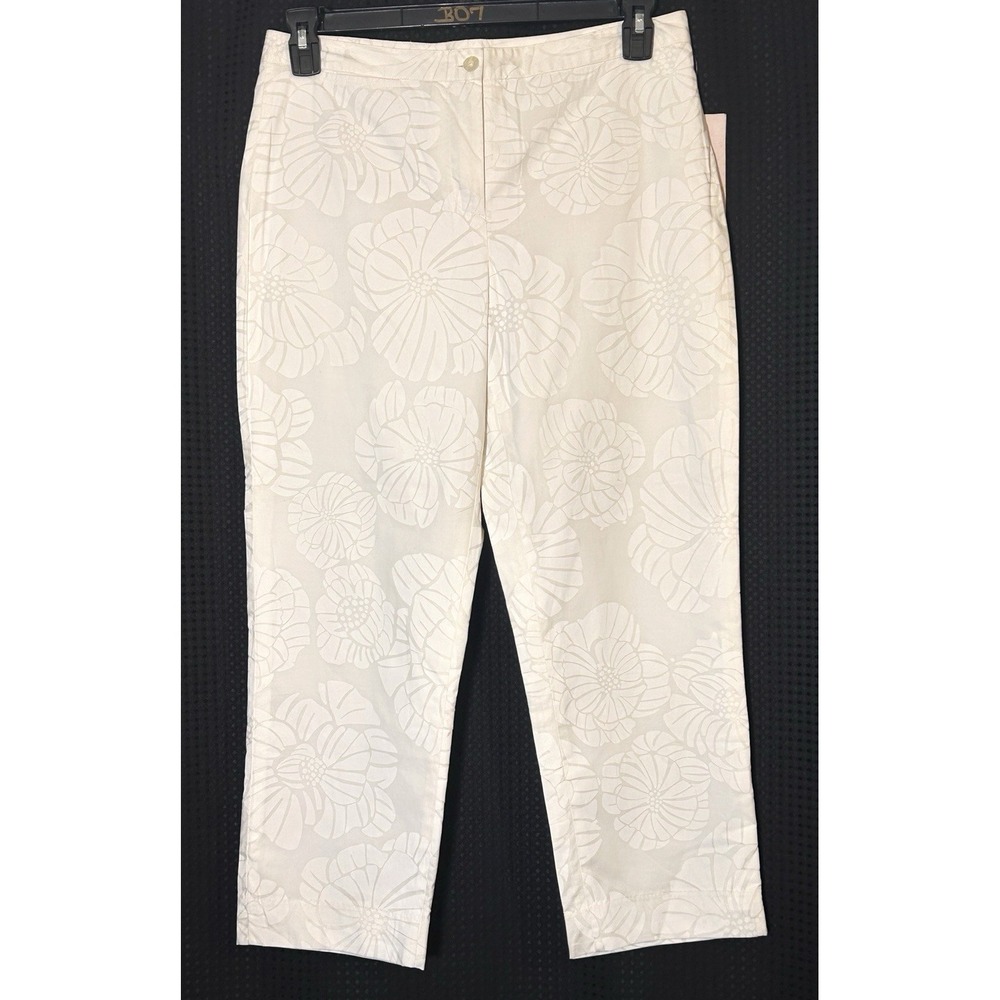 Lilly Pulitzer White on White Floral Pants Print Women's Size 10 Cotton Blend